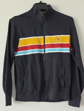 Original Penguin Navy Zip-Up Jacket with Yellow, Red & Light Blue Stripes Retro